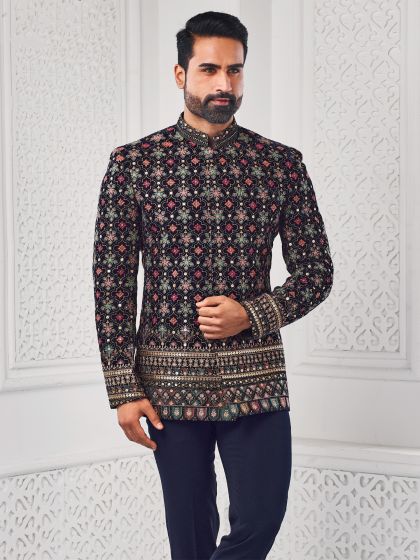 Black Heavy Floral Sequins Embroidered Jodhpuri Suit