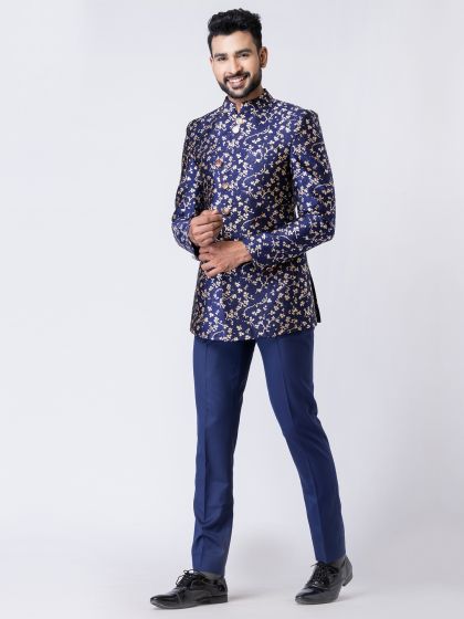 Blue Floral Printed Mens Jodhpuri Dress