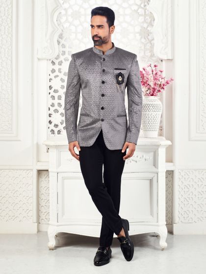 Grey Mens Mandarin Suit In Mirror Work