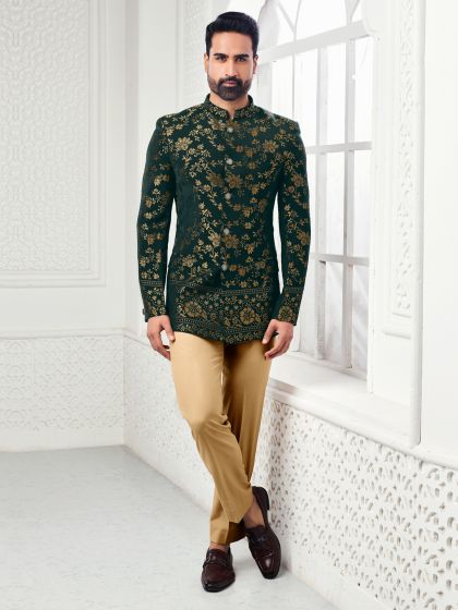 Green Floral Weaving Jodhpuri Suit In Jacquard