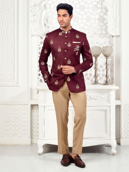 Maroon Mandarin Suit For Mens In Velvet