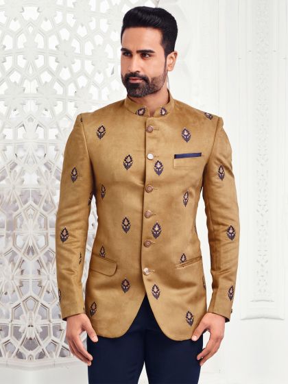 Coffee Brown Velvet Jodhpuri Suit For Mens