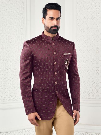 Maroon Printed Mens Jodhpuri Set