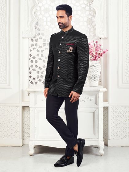 Black Jacquard Silk Mandarin Suit For Men