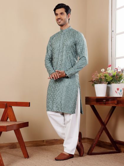 Green Readymade Festive Kurta Pyjama Set