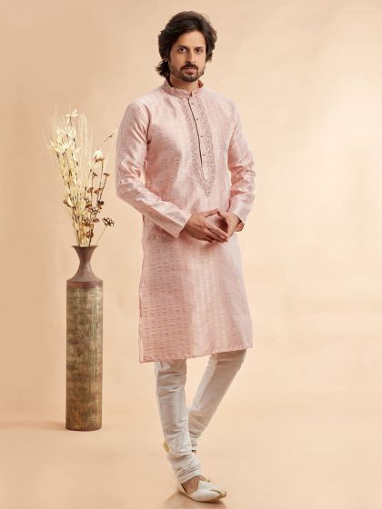 Light Pink Silk Kurta Pyjama For Mens