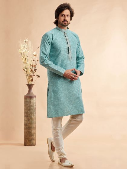 Turquoise Floral Work Men's Kurta Pyjama