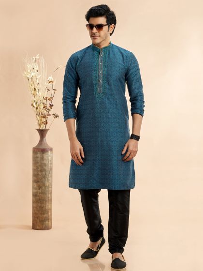 Blue Men's Kurta Pyjama Set In Silk