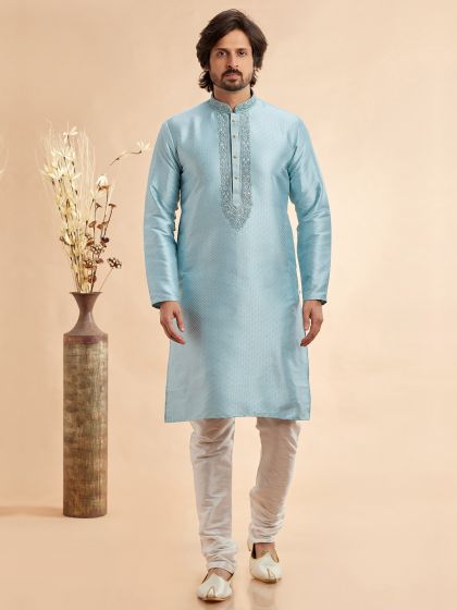 Blue Silk Kurta Pyjama Set For Men