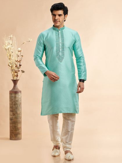 Turquoise Men's Kurta Pyjama In Thread Work