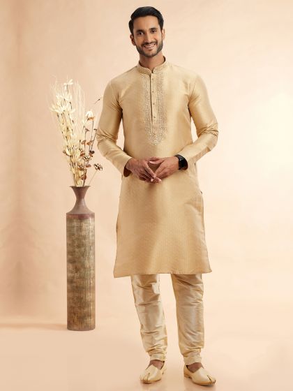 Beige Menswear Silk Kurta Pyjama Set