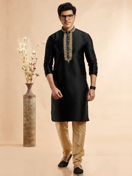 Black Men's Kurta Pyjama Set In Silk