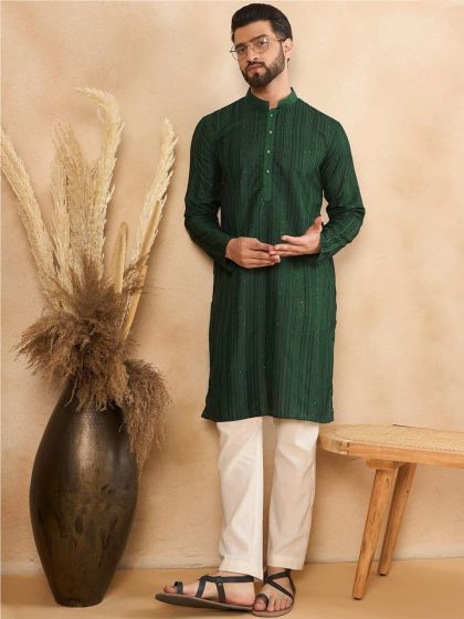 Dark Green Festive Silk Kurta Pyjama Set