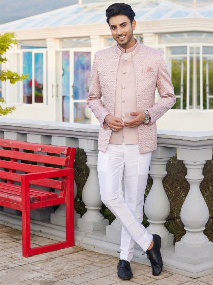 Light Pink Mandarin Suit In Thread Embroidery