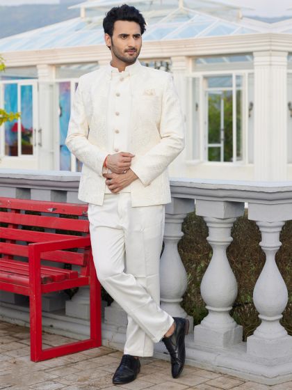 White Thread Embellished Bandhgala Suit