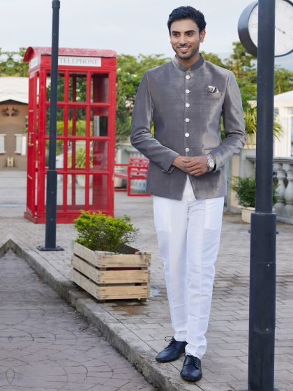 Grey Plain Velvet Jodhpuri Suit For Mens