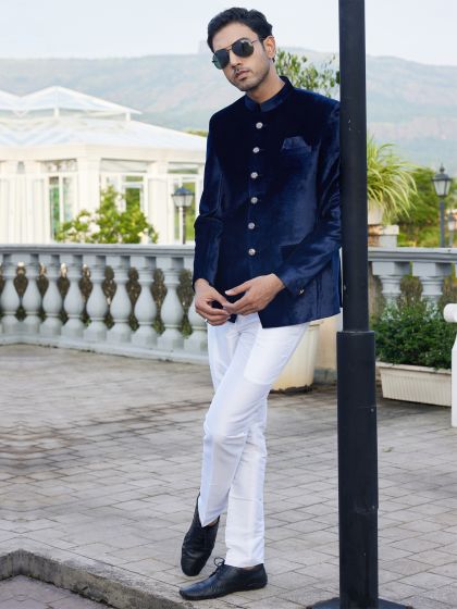 Navy Blue Jodhpuri Suit Set In Velvet