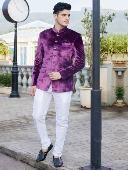 Purple Plain Velvet Wedding Bandhgala Suit