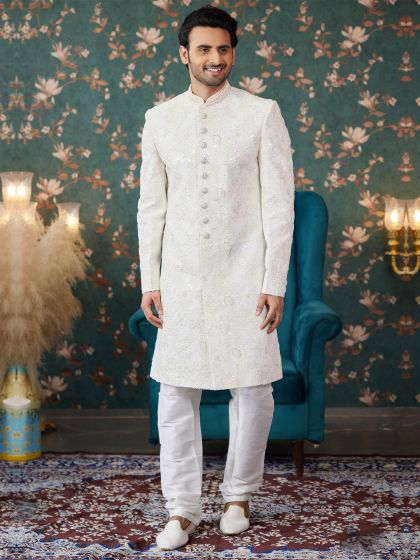 White Embroidered Indowestern Style Groom's Sherwani