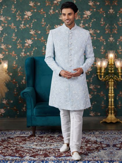 Steel Blue Groom's Sherwani In Heavy Floral Embellishment