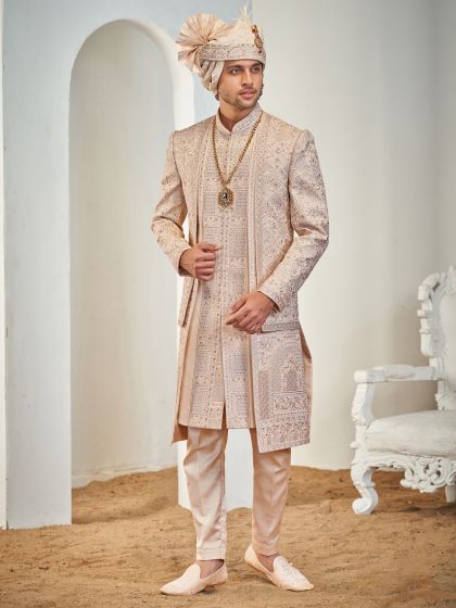 Cream Menswear Sequins Work Layered Sherwani