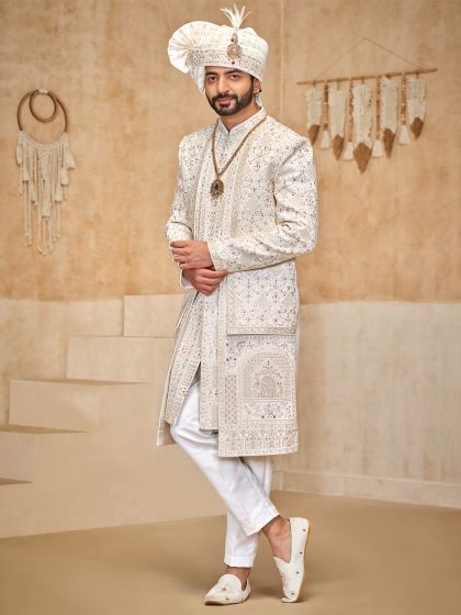 Off White Layered Sherwani In Silk For Men