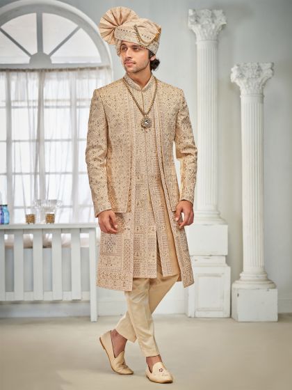 Golden Wedding Wear Embroidered Sherwani In Silk