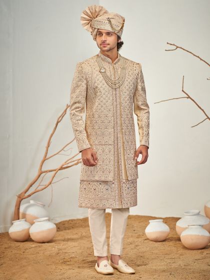 Ivory Golden Stone Embroidered Sherwani Set In Silk