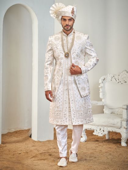 White Floral Thread Embroidered Layered Sherwani