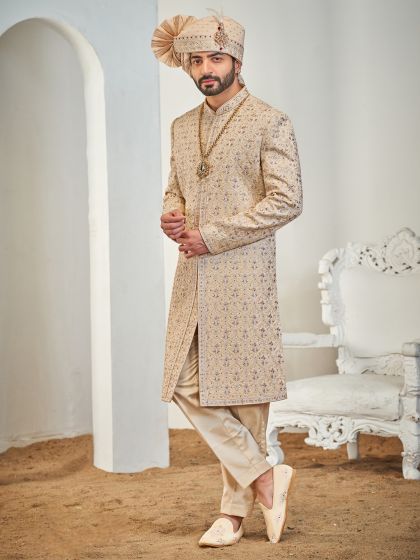 Golden Sequins Embroidered Men's Sherwani In Silk