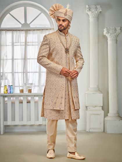 Golden Layered Style Thread Embroidered Men's Sherwani