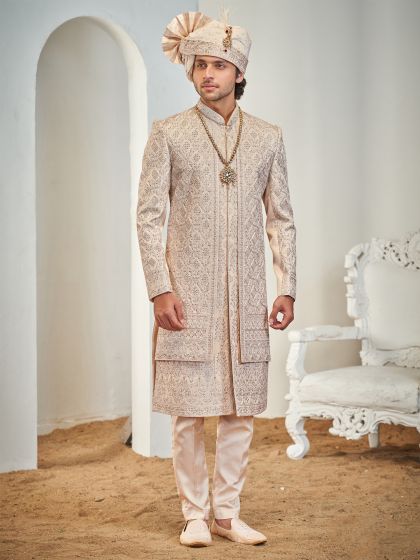 Cream Heavy Embroidered Menswear Layered Sherwani