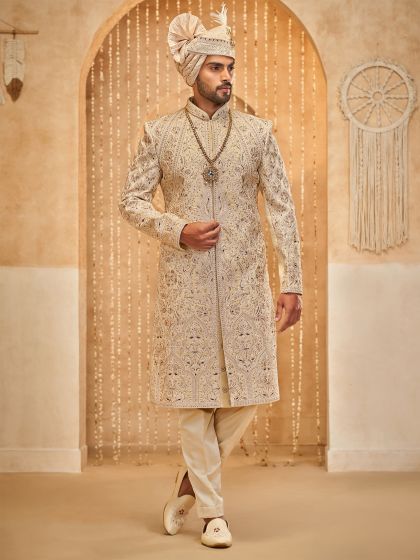 Ivory Golden Embroidered Men's Sherwani In Silk