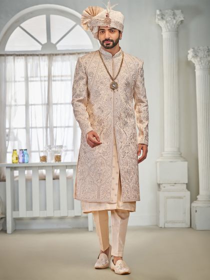 Cream Wedding Sherwani Set In Stone Embellishment