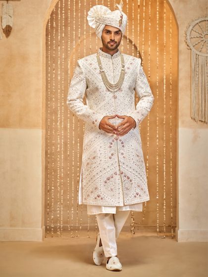 White Floral Embellished Silk Sherwani For Mens