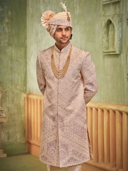 Peach Mirror Embroidered Men's Sherwani Set