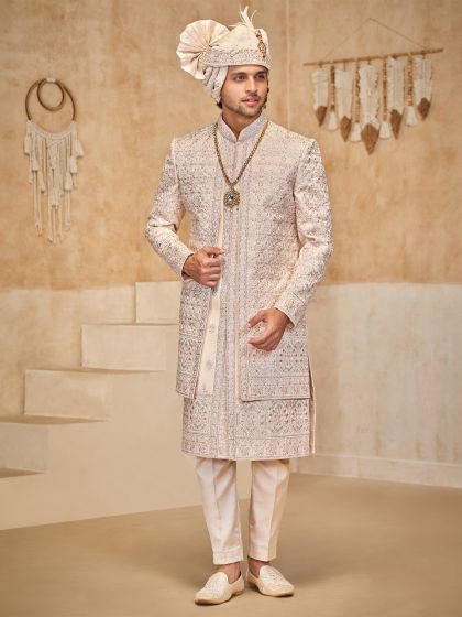 Cream Wedding Sherwani Set In Layered Style