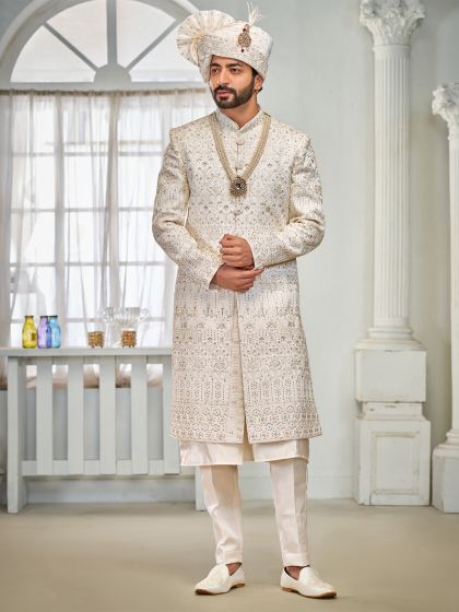 Off White Sequins Embellished Sherwani With Kurta