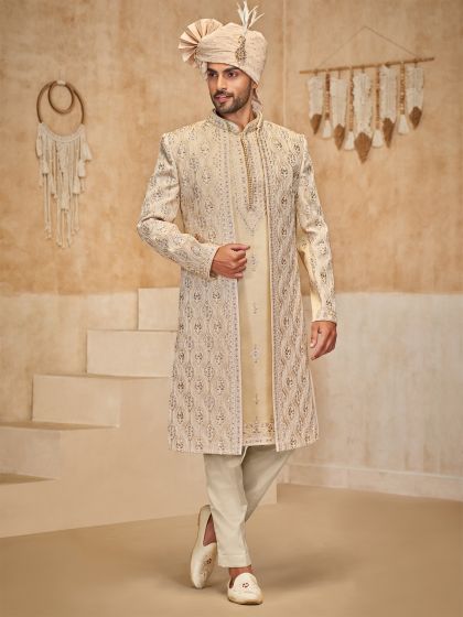 Beige Wedding Sherwani With Embroidered Jacket