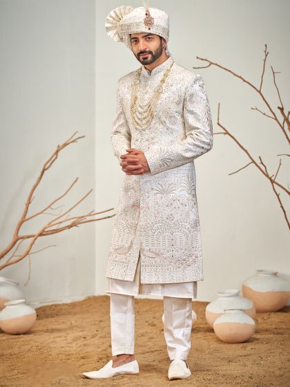 White Men's Sherwani With Kurta In Heavy Embroidery