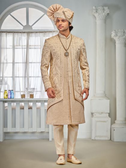 Golden Menswear Silk Sherwani In Thread Work