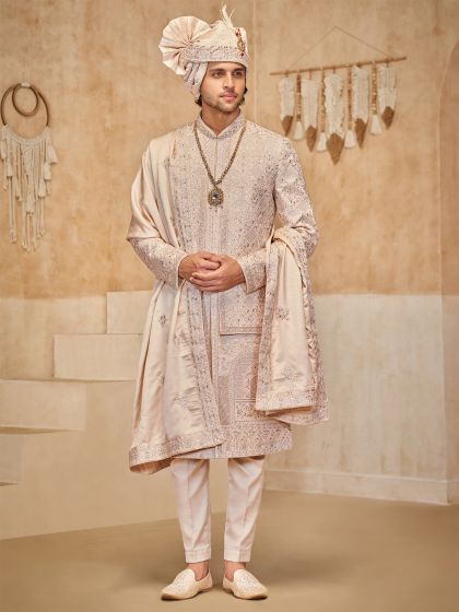 Cream Stone Embroidered Sherwani For Groom