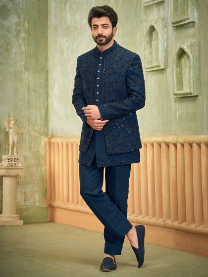 Blue Men's Indowestern In Sequins Embellishment