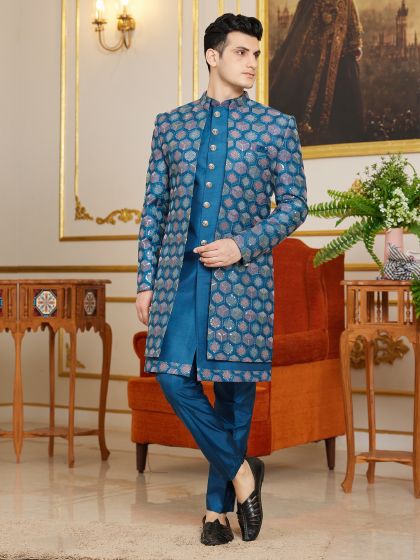 Blue Wedding Wear Embroidered Indowestern For Men