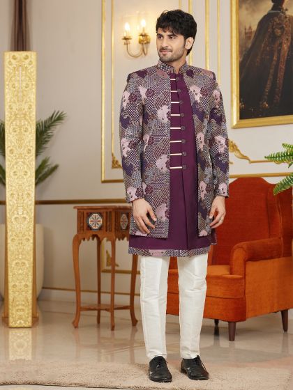 Wine Men's Silk Indowestern In Floral Embroidery