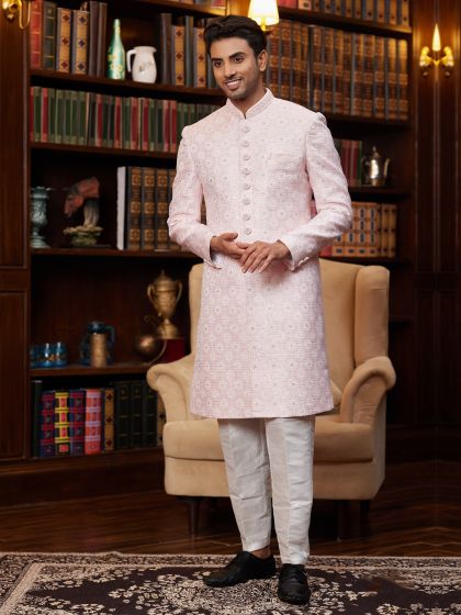 Light Pink Wedding Wear Sherwani For Men