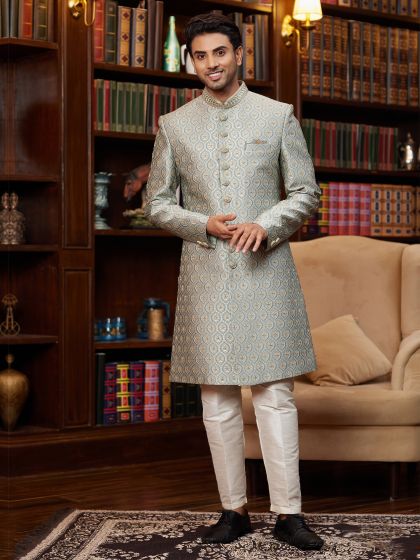 Grey Embroidered Men's Sherwani Set In Silk