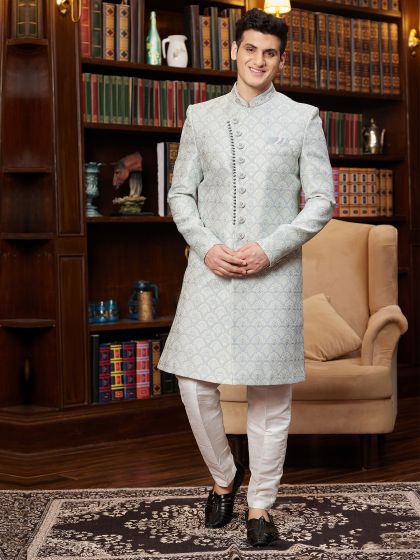 Grey Jacquard Sherwani For Men In Stone Work