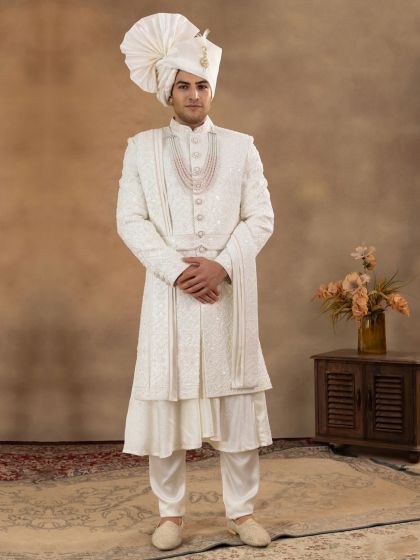 White Heavy Embroidered Wedding Sherwani