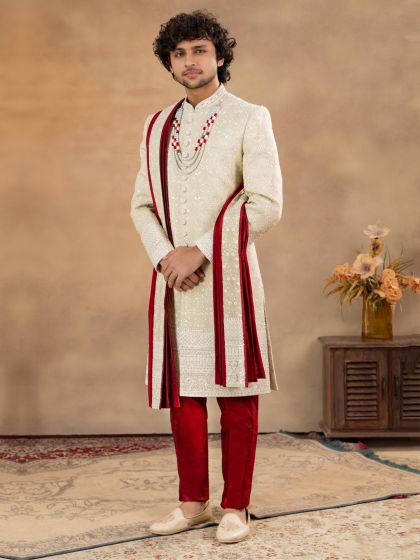 Ivory Cream Sequins Work Groom's Sherwani In Silk